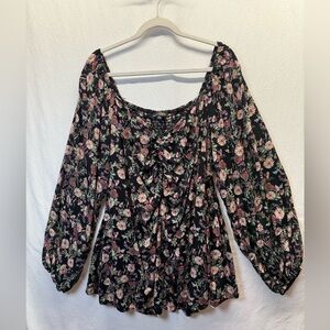 Romantic Grunge Suzanne Betro Black Floral Smocked Shirt w/Flouncy Poet Sleeves